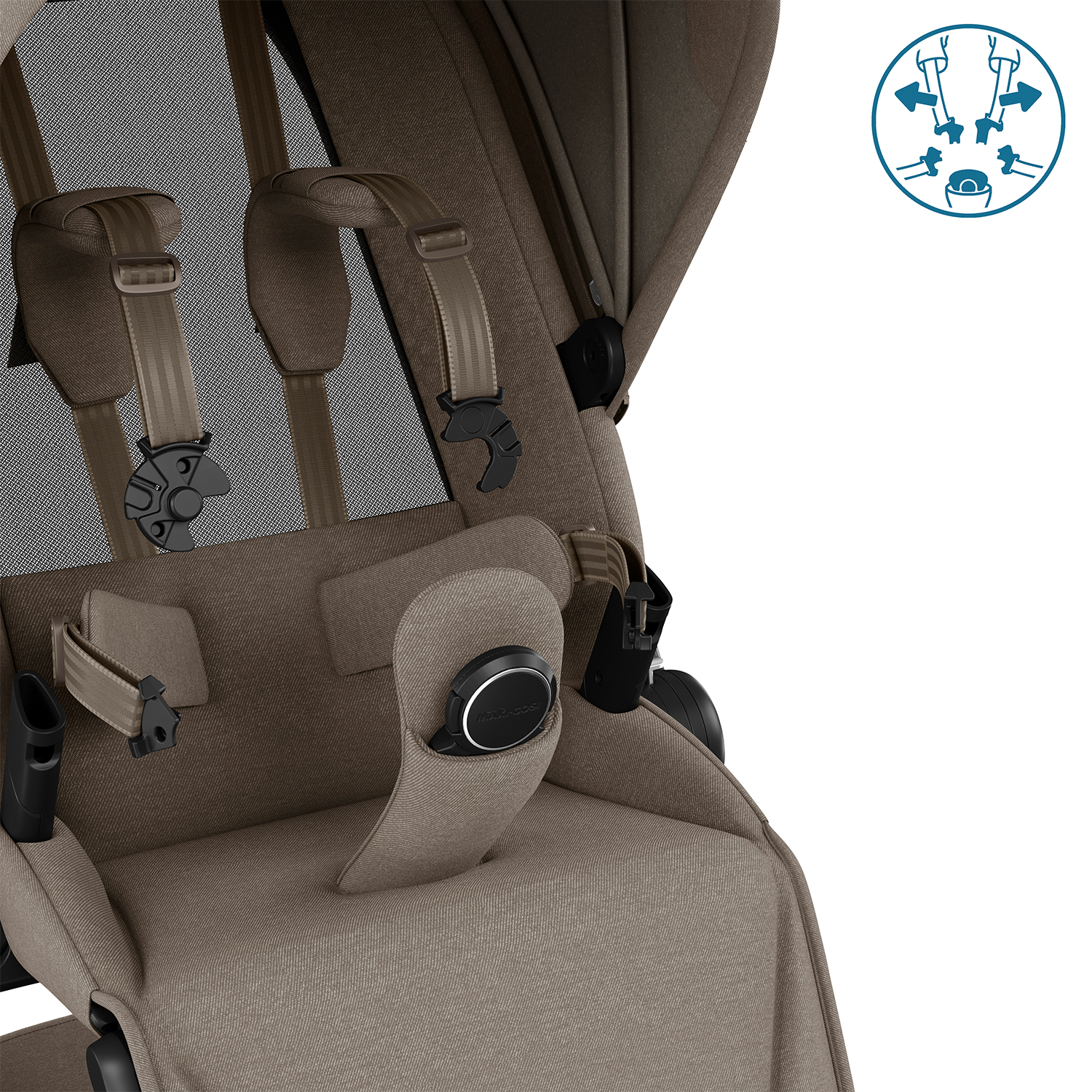Maxi-Cosi quick-fit harness system with easy child installation and padded straps in stroller seat.