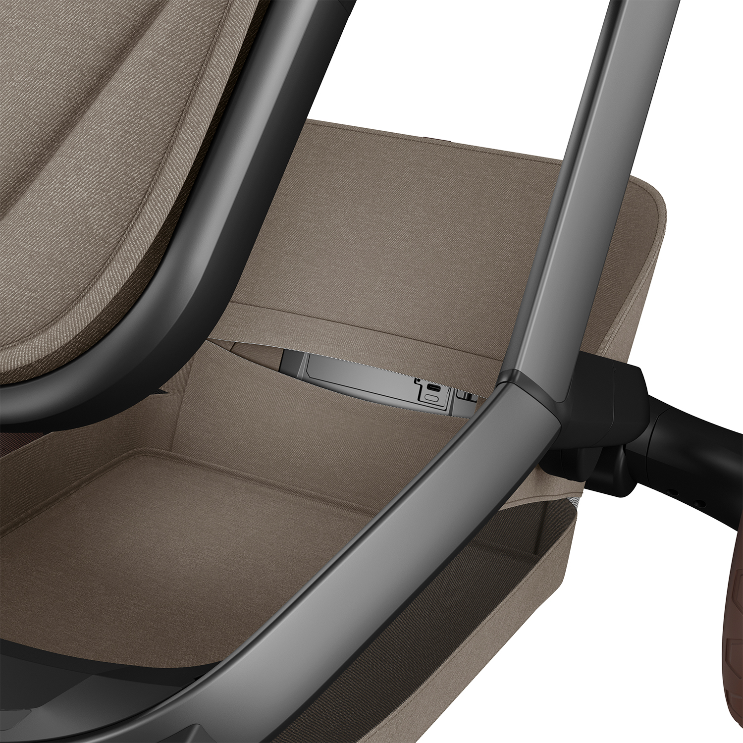 Maxi-Cosi stroller with integrated powerbank compartment in the shopping basket for charging on-the-go.