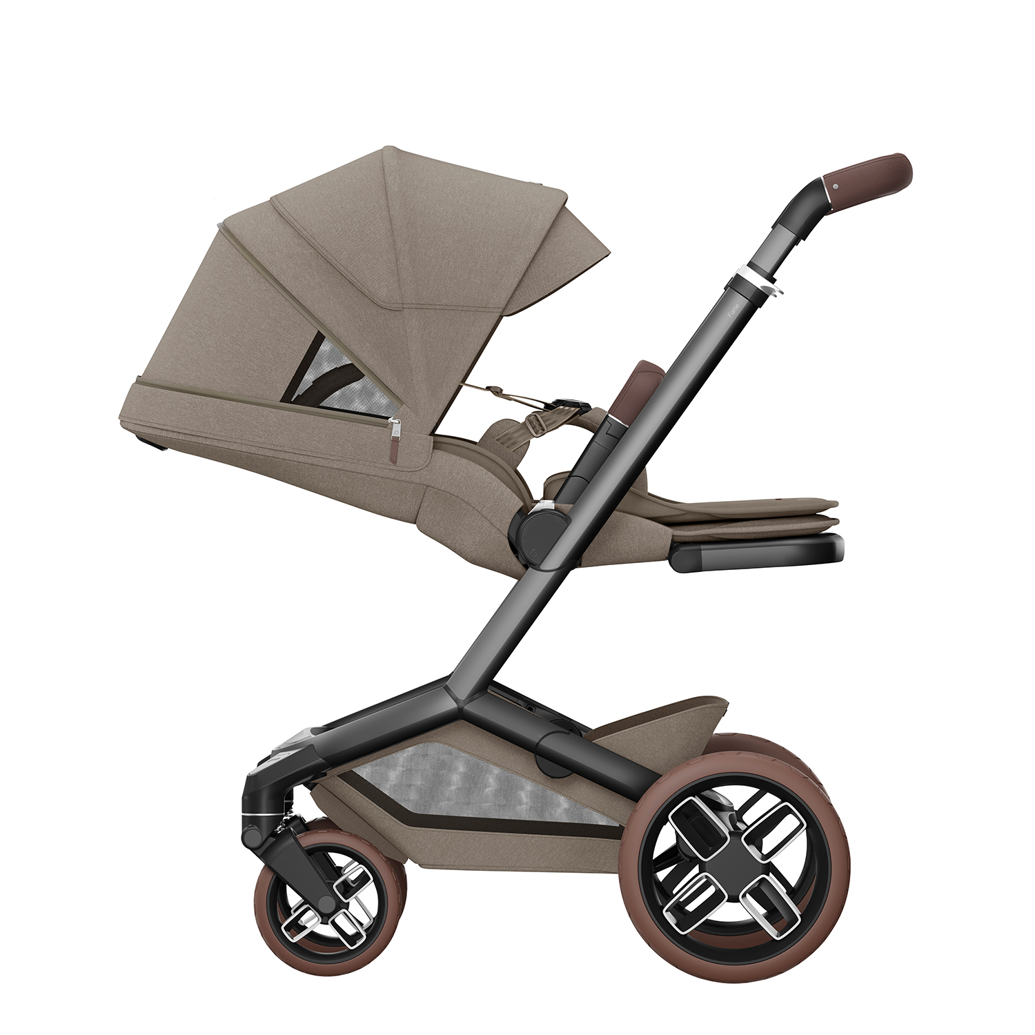 Maxi-Cosi stroller with lie-flat seat recline, large sun canopy, and breathable mesh window.