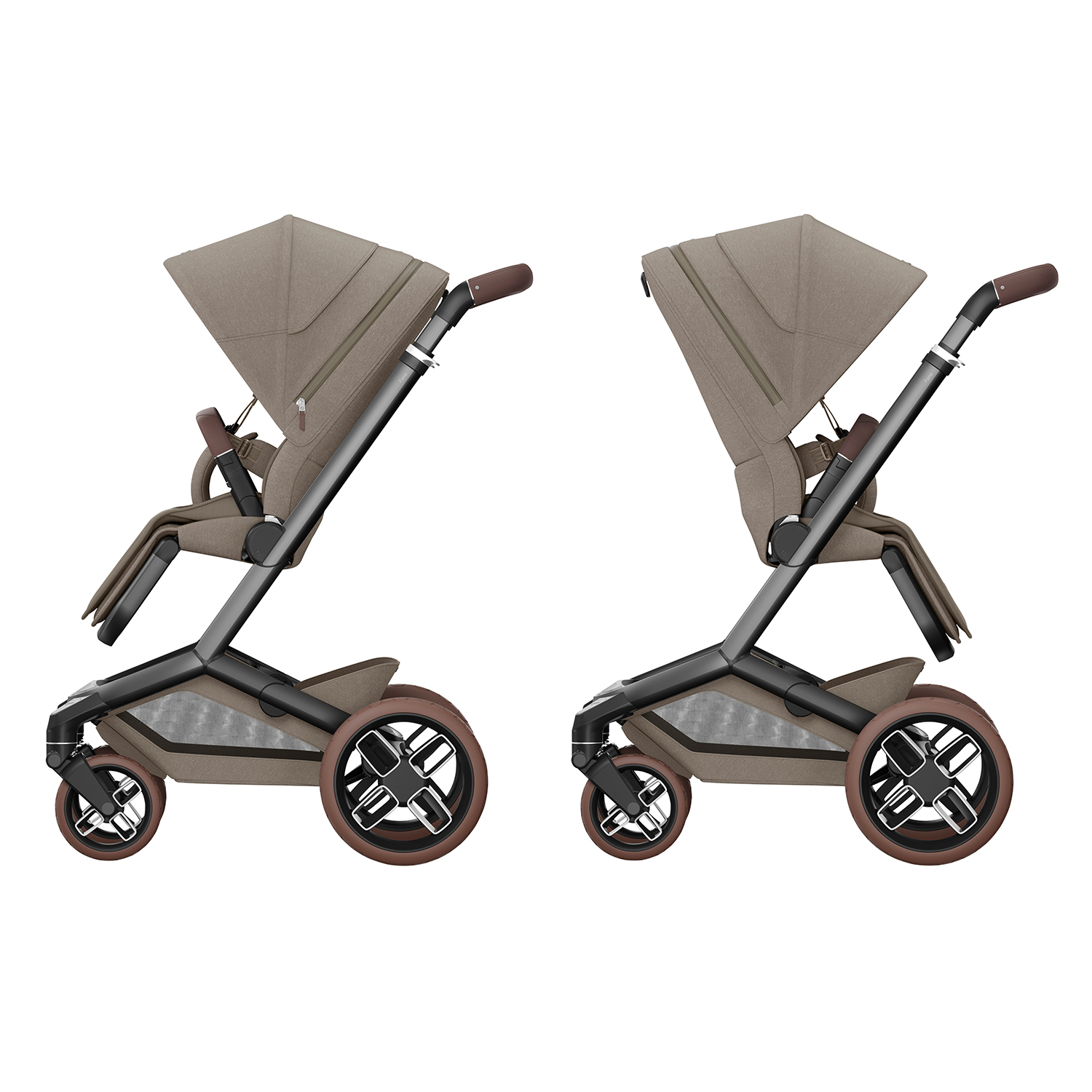 Maxi-Cosi stroller with reversible seat in Twillic Truffle, parent and world-facing modes shown.