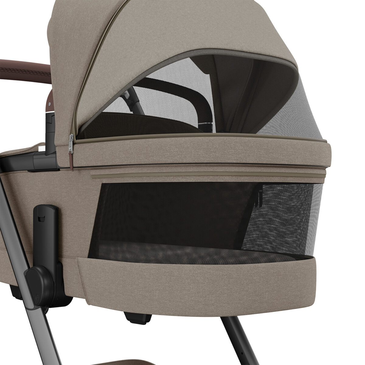 Maxi-Cosi carrycot in Twillic Truffle with breathable mesh ventilation window for airflow.