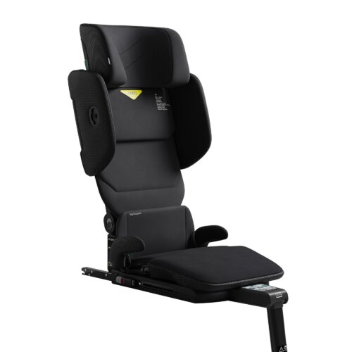Axkid Up High Back booster car seat in black, ergonomic design with adjustable headrest and side wings.