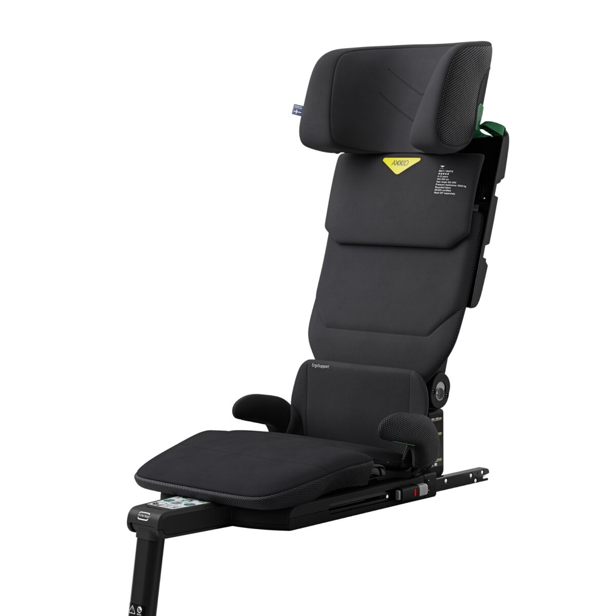 Axkid Up High Back booster seat in black, upright position showing full backrest and padded comfort.