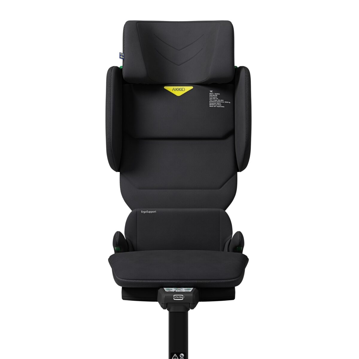 Front view of Axkid Up booster car seat in black, ergonomic high back with adjustable headrest.
