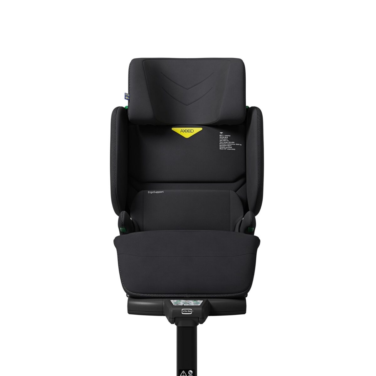 Compact Axkid Up car seat with visible branding and padded seat, designed for ergonomic child support.