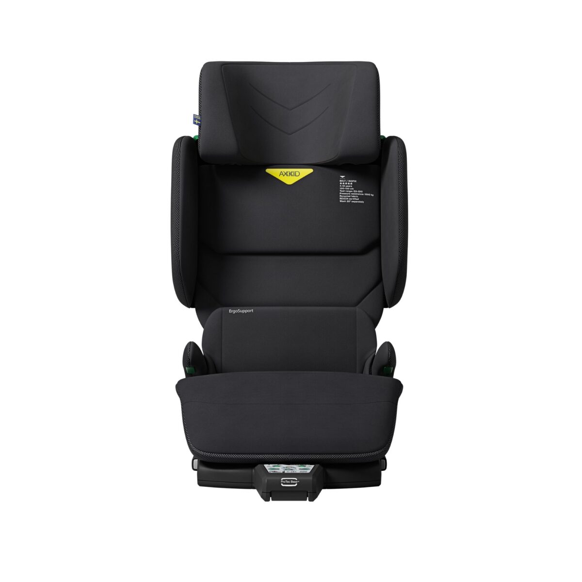 Full front view of Axkid Up booster seat, showing comfort-focused design and adjustable safety features.