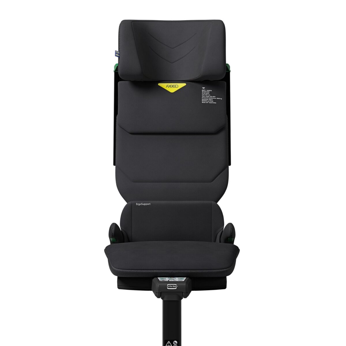 Axkid Up child car seat fully upright, extended backrest for growing kids, black ergonomic cushioning.