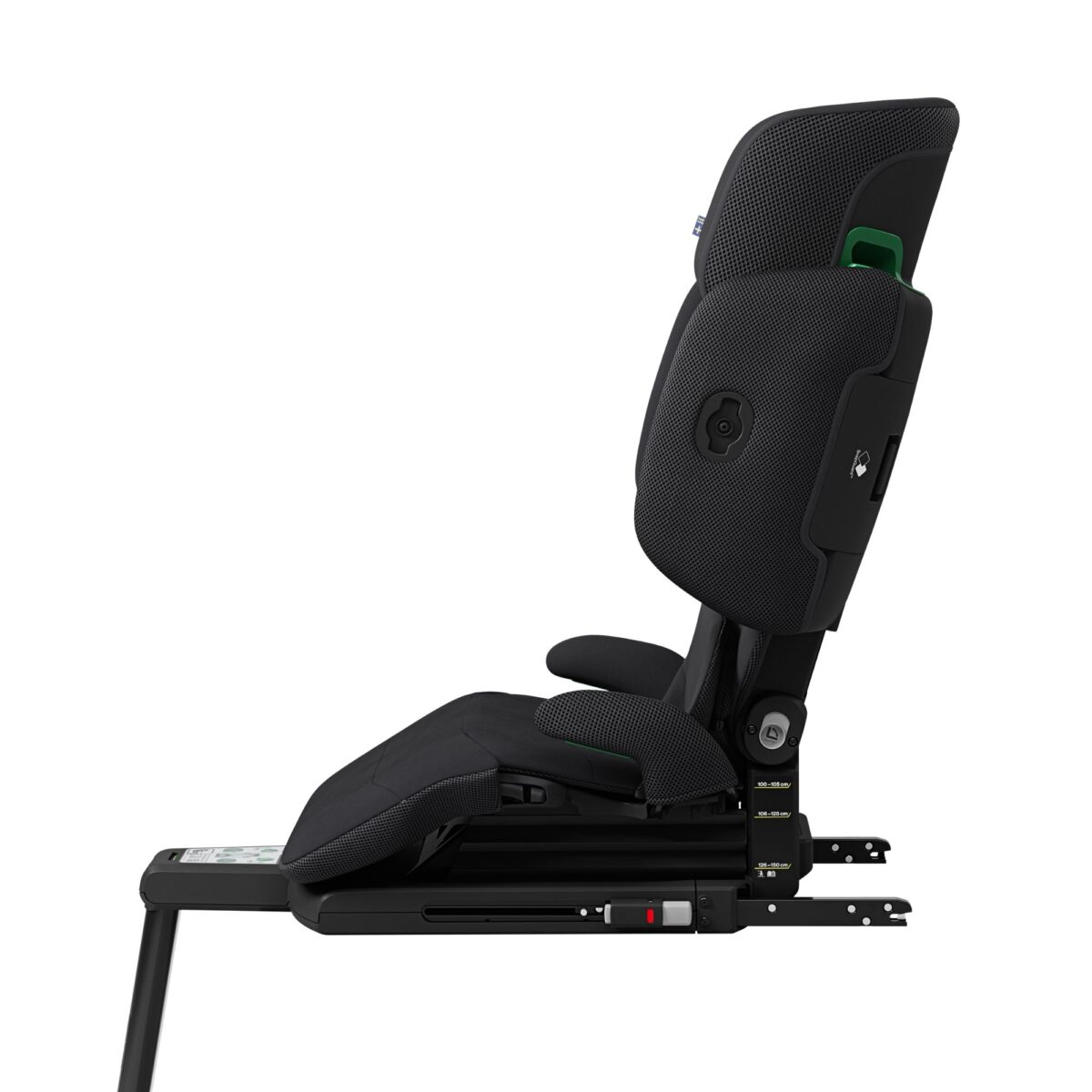 Side profile of Axkid Up booster seat, showing Isofix connectors, side-impact protection, and reclining base.