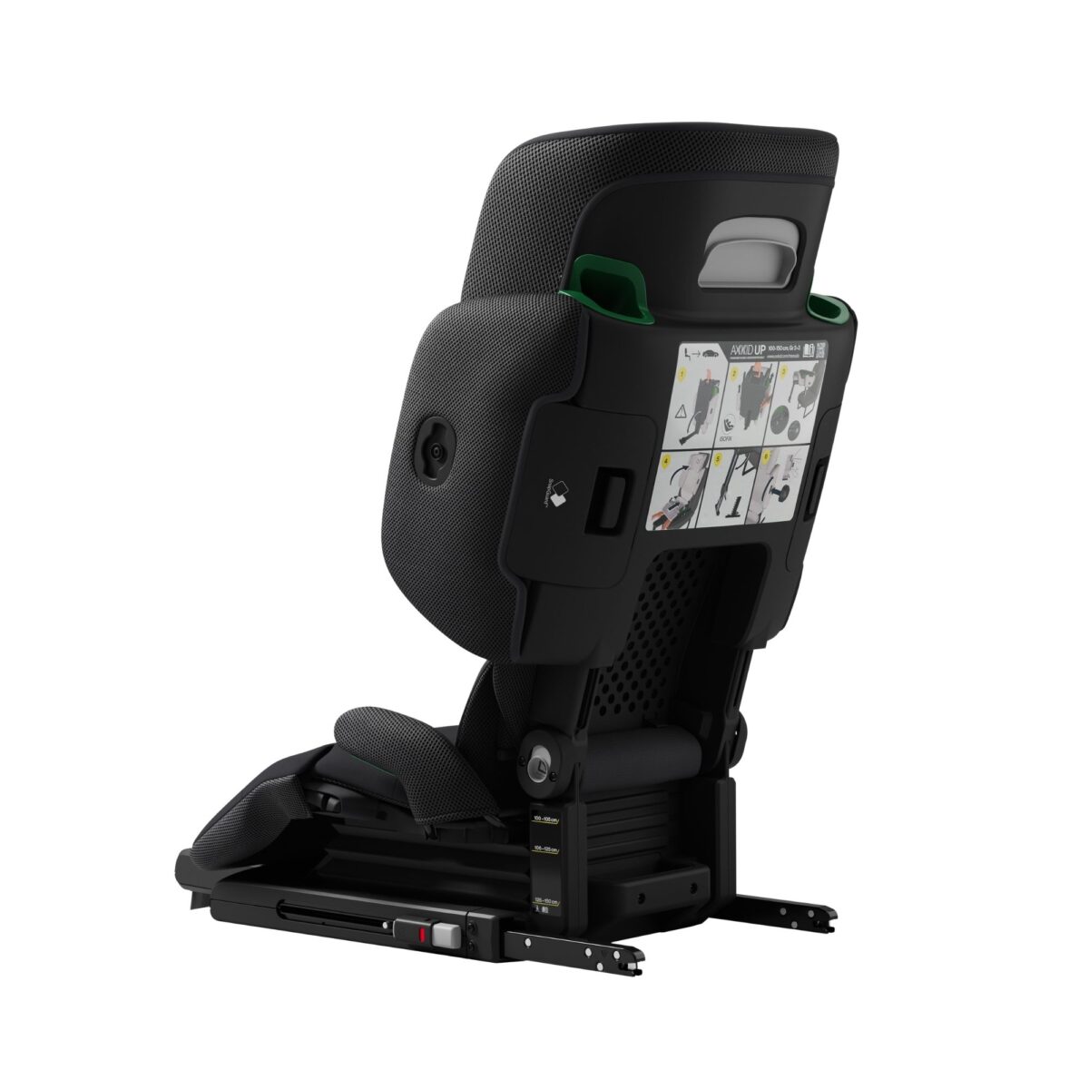 Rear angle of Axkid Up booster car seat, showing installation guide and reinforced back panel.