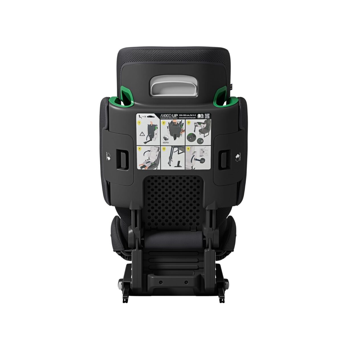 Back view of Axkid Up car seat, label instructions visible, dual side supports, black mesh and solid structure.
