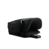 Folded Axkid Up booster seat in black, compact storage mode with visible green belt guides and seat base.