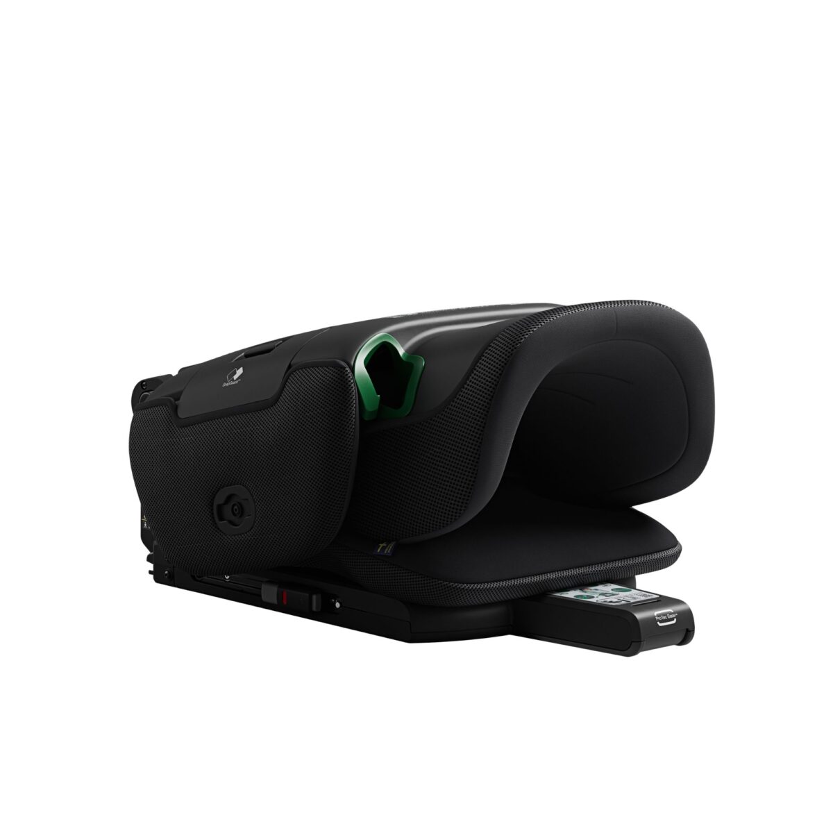 Folded Axkid Up booster seat in black, compact storage mode with visible green belt guides and seat base.