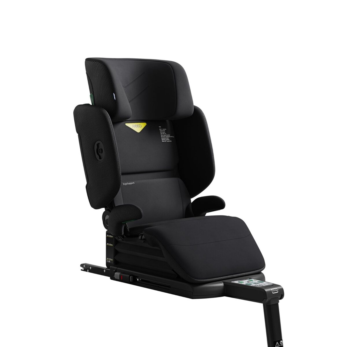 Side view of Axkid Up booster seat in Coastal Storm Black, showing comfort padding and adjustability.