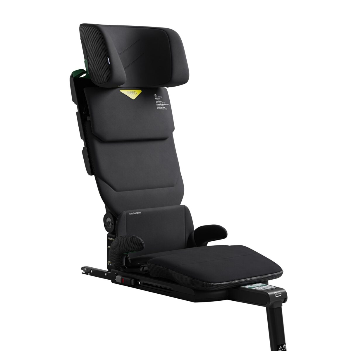 Fully upright Axkid Up High Back booster seat in black, showing extended backrest and seat cushion.