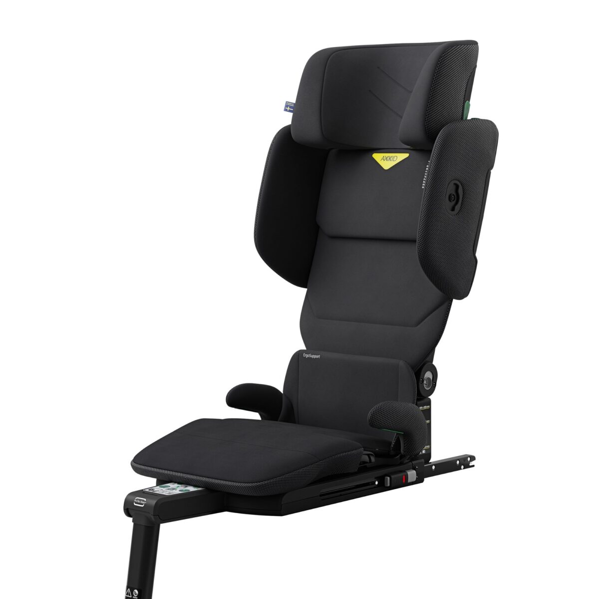 Angled view of Axkid Up booster car seat, ergonomic support with side protection and sleek design.