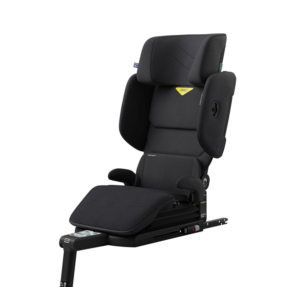 Coastal Storm Black Axkid Up booster seat, showing reinforced side impact protection and adjustable arms.