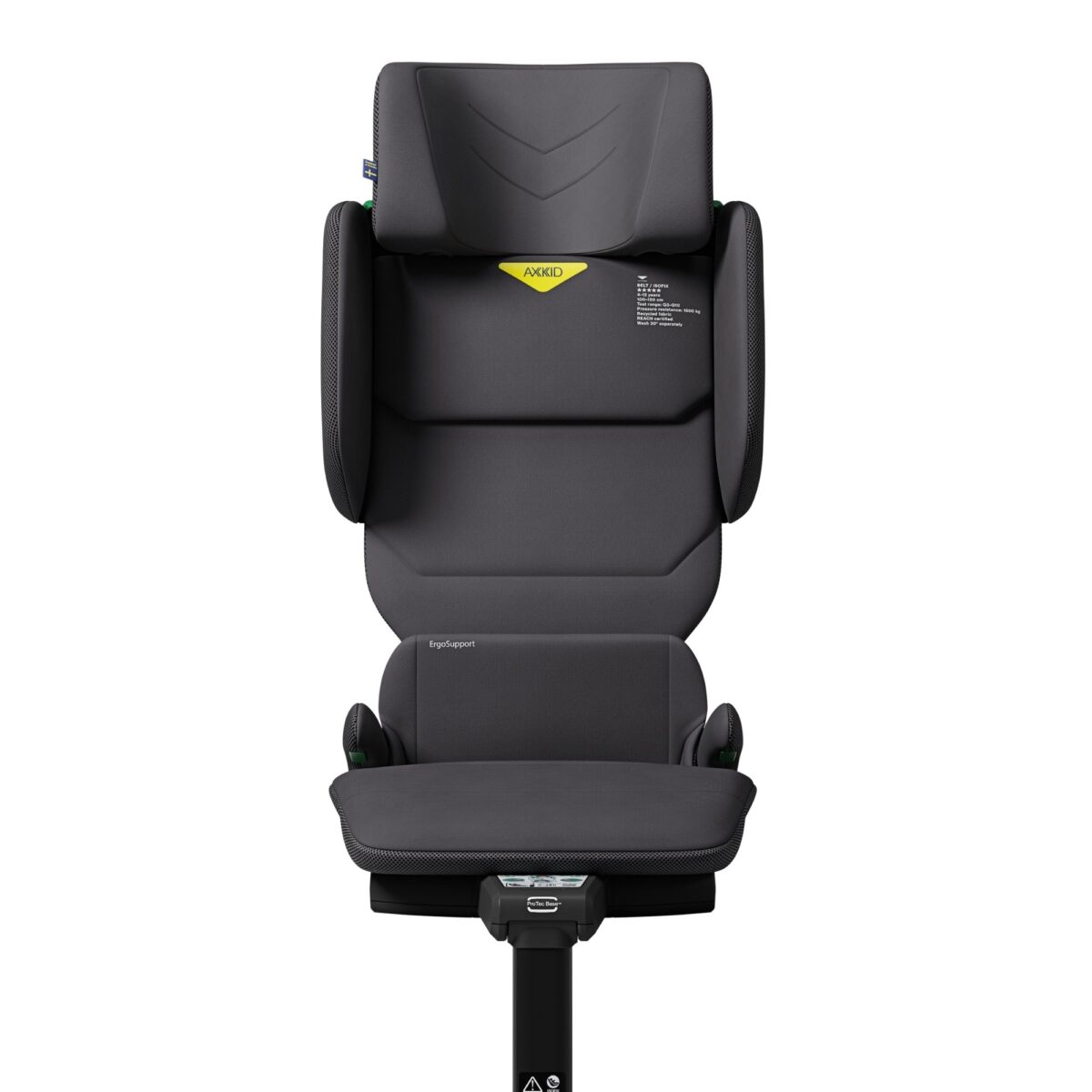 Front view of AXKID Up booster seat in Arctic Mist Grey with high back and side protection.