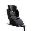 Side view of AXKID Up high back booster seat in grey with ISOFIX base and padded armrests.