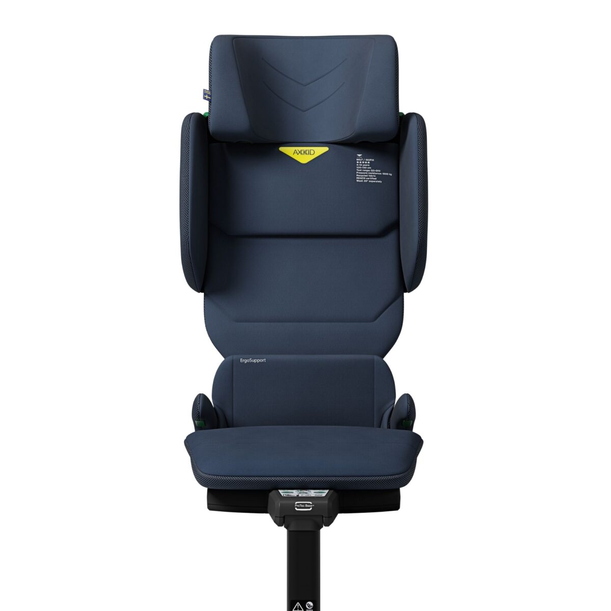 Full front view of Axkid Up booster in Glacier Lake Blue with high back and ergonomic padding.