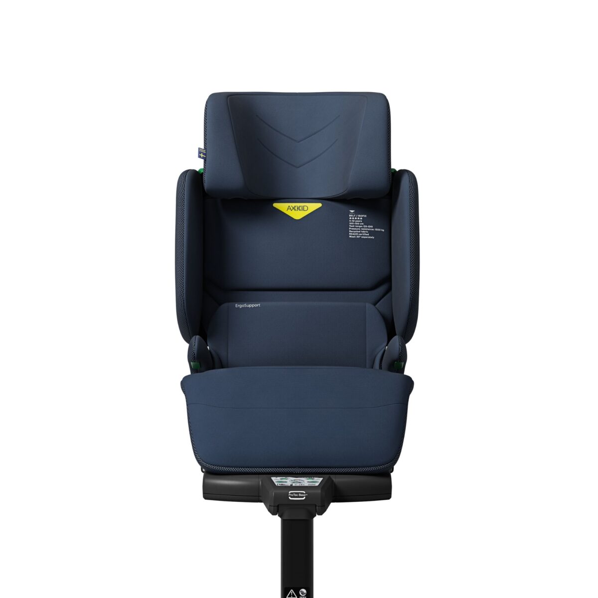 Front-facing Axkid Up booster in blue showing ergonomic seat shape and backrest detail.