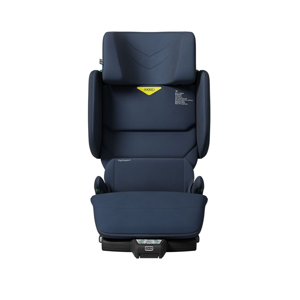 Reclined front view of Axkid Up booster in Glacier Lake Blue with adjustable features.