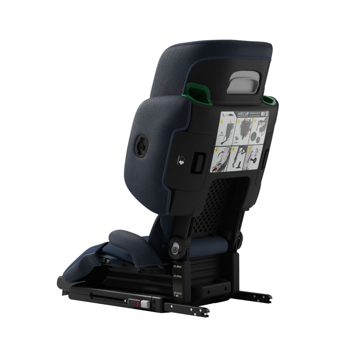 Rear angle of Axkid Up booster seat with visual install guide and safety instructions.