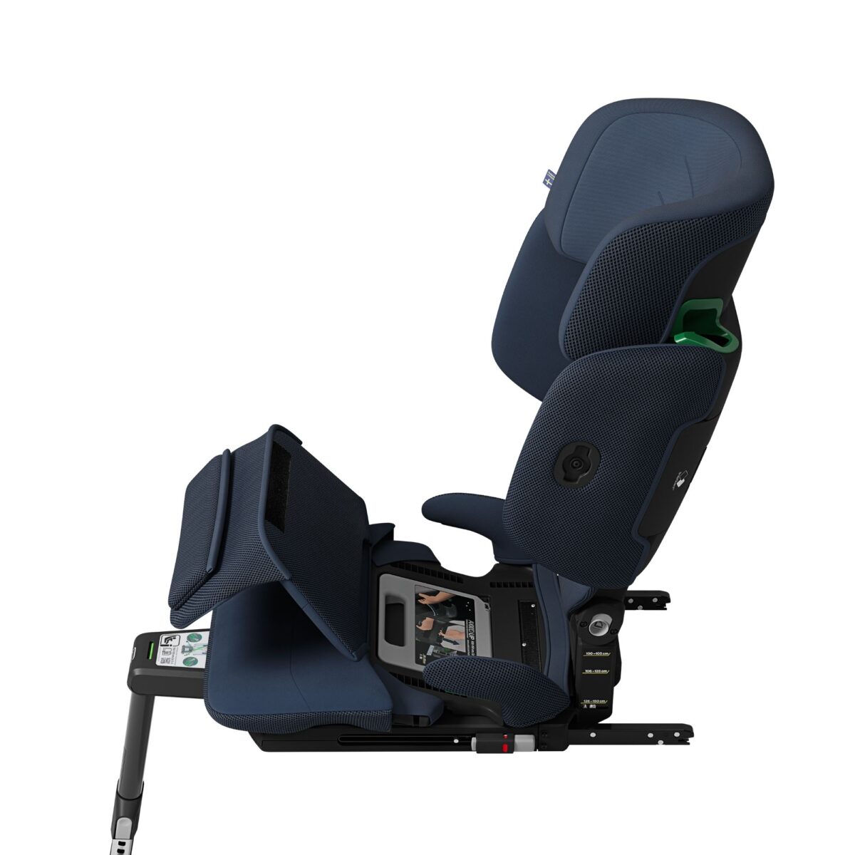 Open Axkid Up booster seat in Glacier Lake Blue showing under-seat storage and instruction panel.