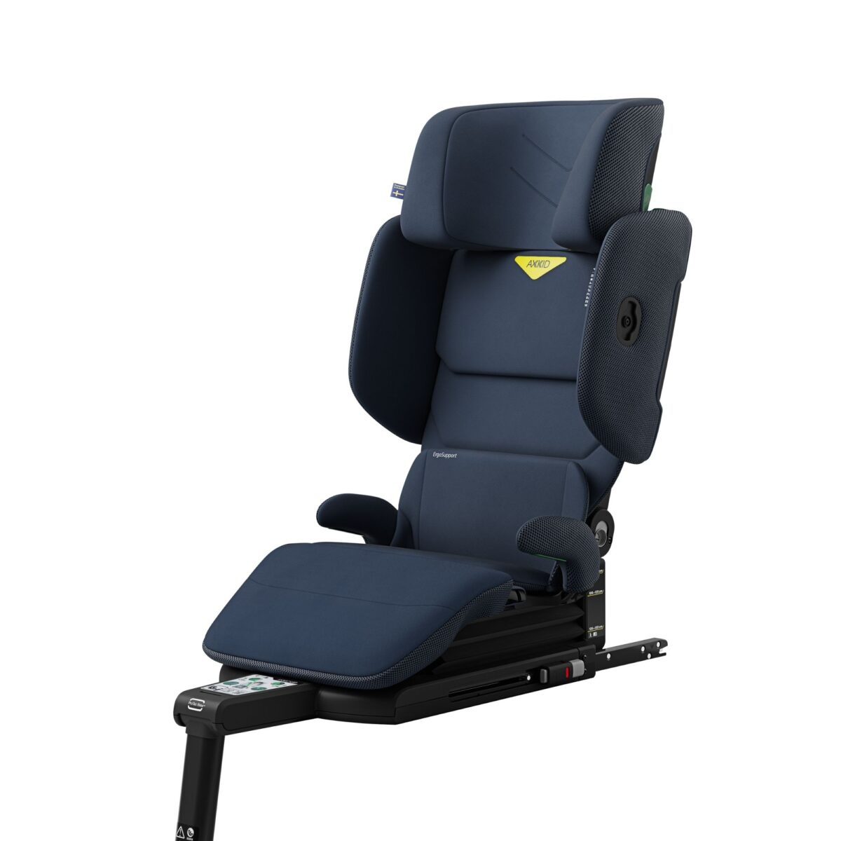 Angled view of Axkid Up car seat in Glacier Lake Blue with durable build and ergonomic design.