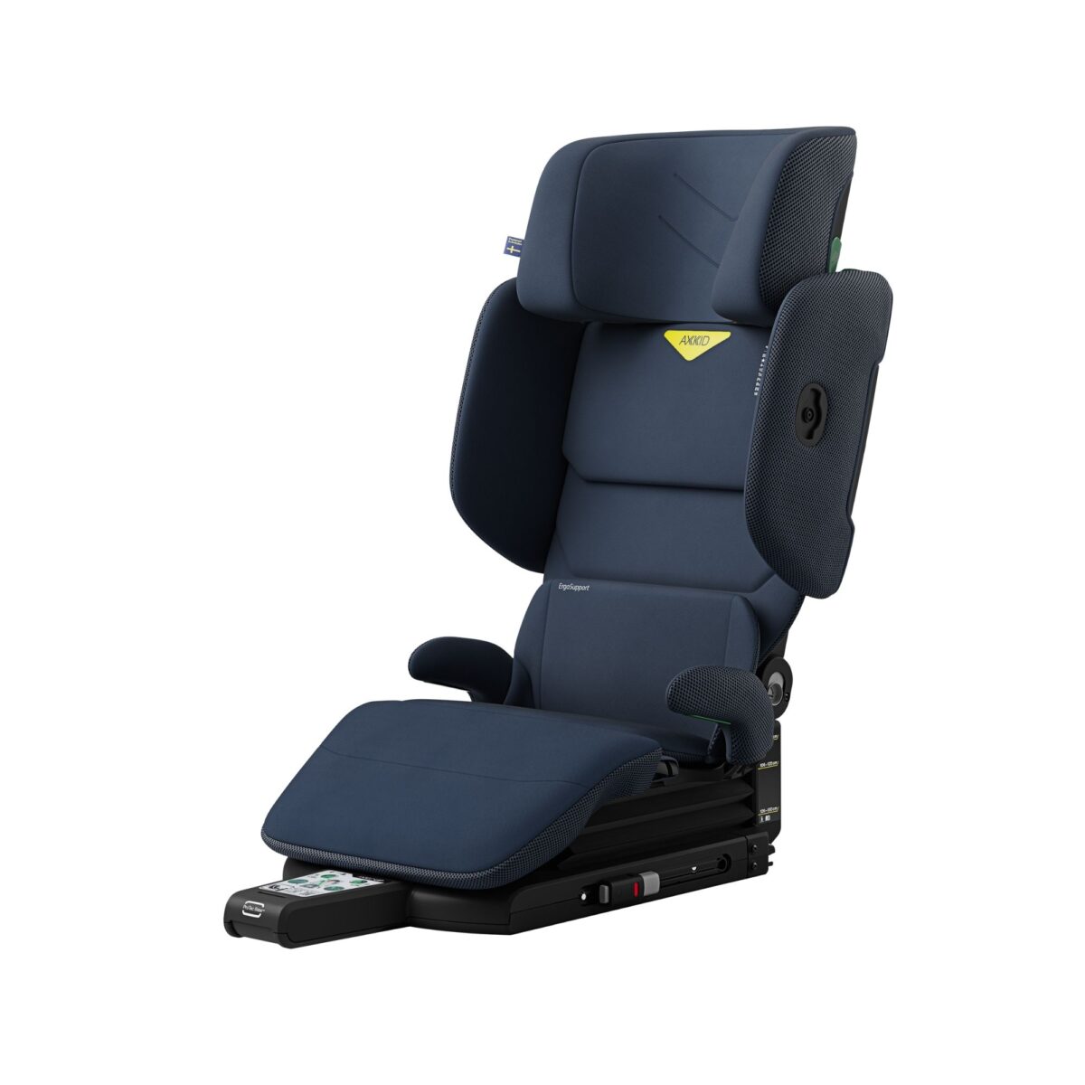 Axkid Up booster seat in blue with soft-touch fabric, ideal for safety and comfort in car rides.