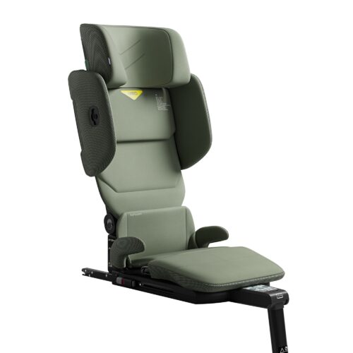 Green Axkid Up high back booster car seat with ergonomic padding and headrest support.