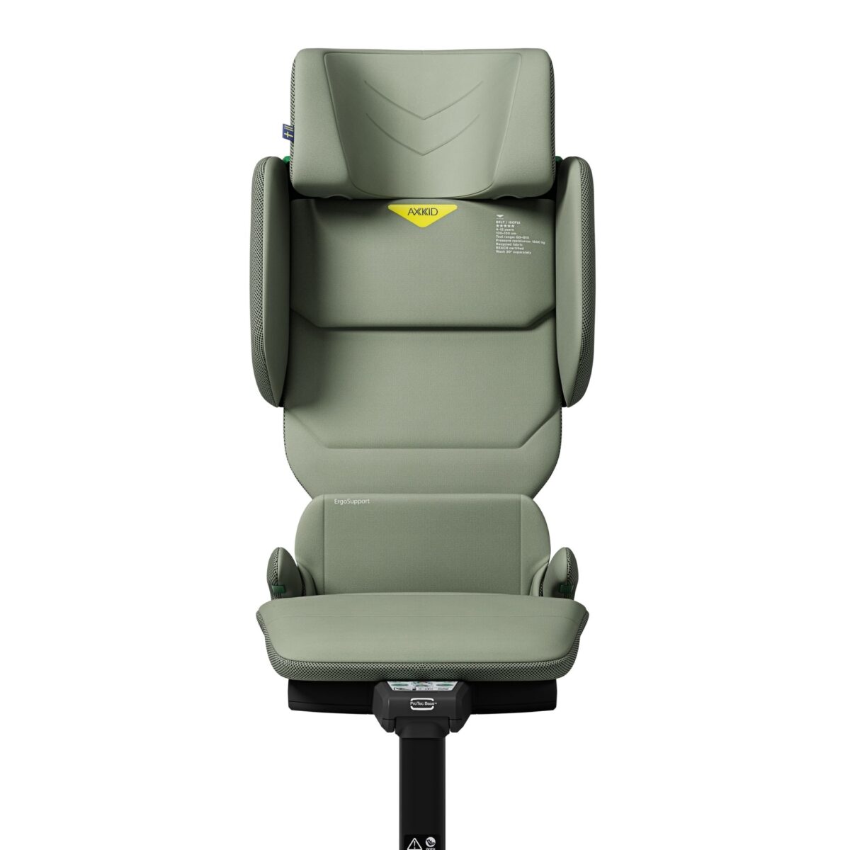 Front view of Axkid Up booster seat in Nordic Bloom green with ergonomic backrest design.