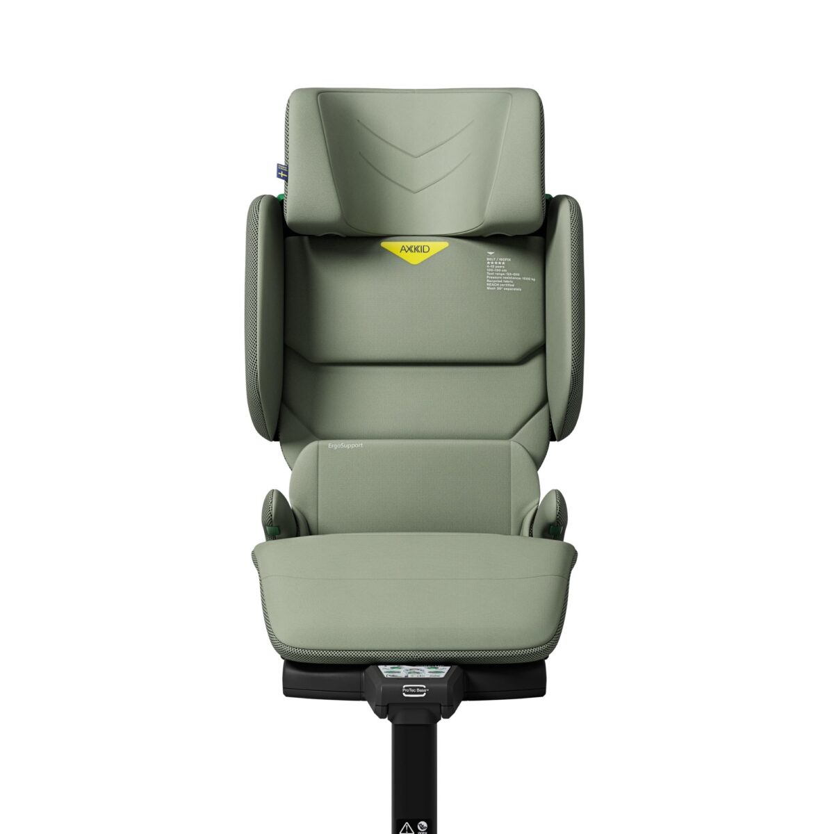 Centered front image of Axkid Up booster seat showing green upholstery and safety padding.