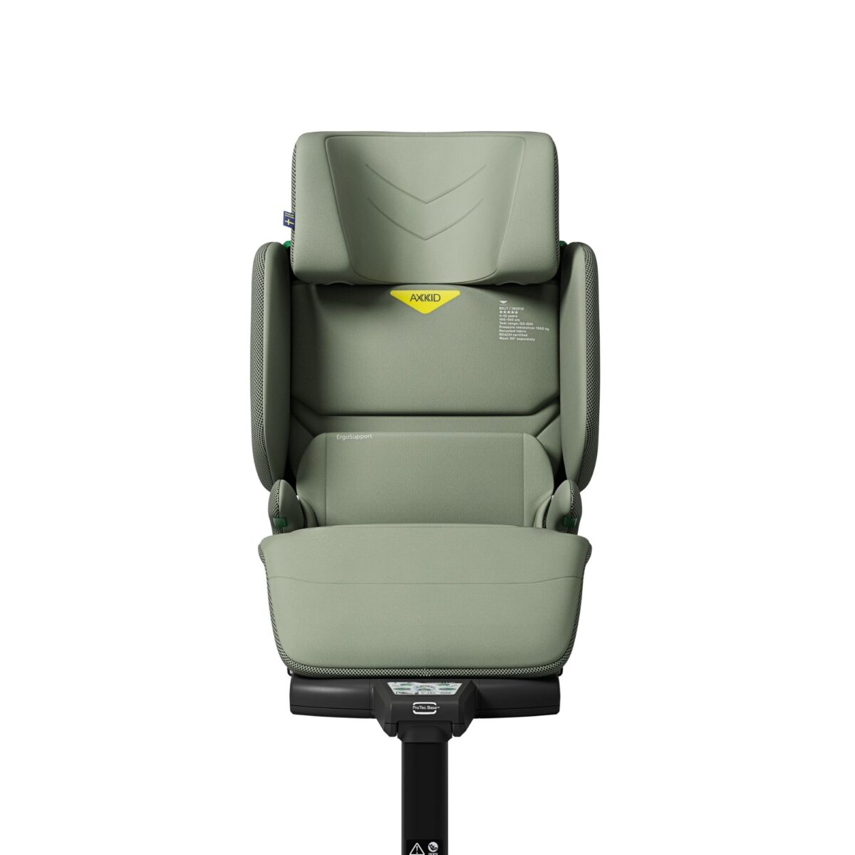 Axkid Up green booster seat front view with visible headrest and compact seat form.