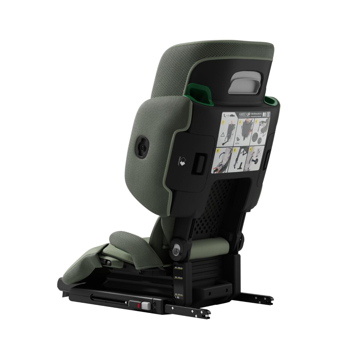 Rear side of Axkid Up booster seat showing instruction panel and mesh ventilation.
