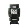 Back view of Axkid Up green booster seat showing installation guide and ergonomic design.
