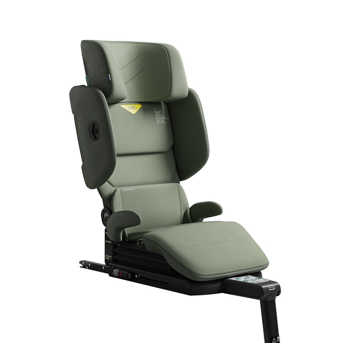 Side view of Axkid Up green booster seat showing adjustable recline and safety features.