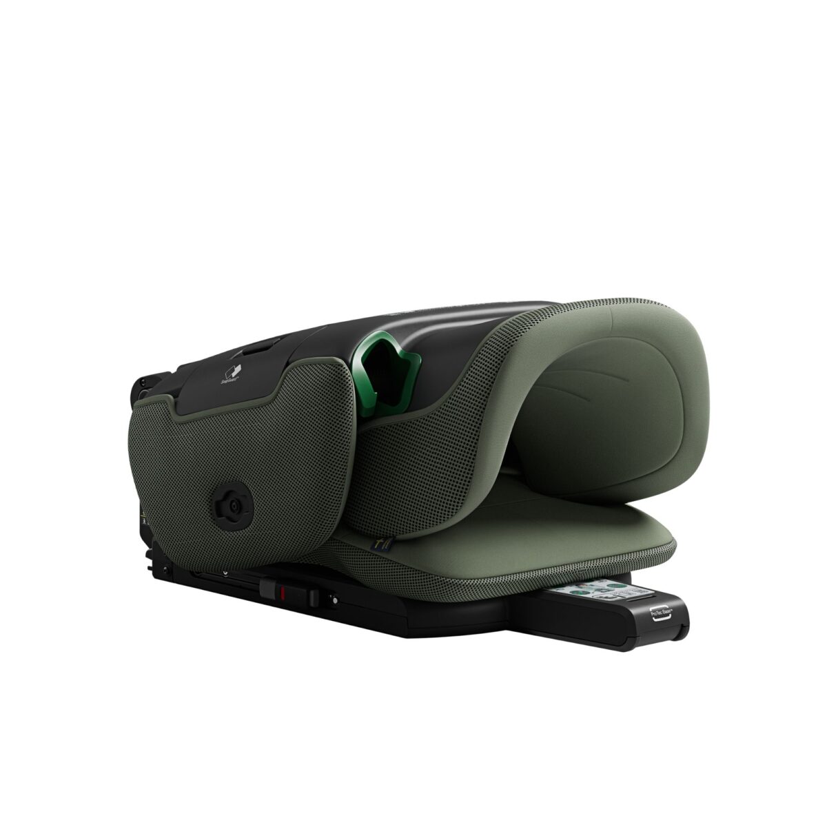Axkid Up green booster seat folded flat, showcasing its compact and portable design.