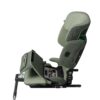 Side view of Axkid Up green booster seat with open seat base showing storage and setup guide.