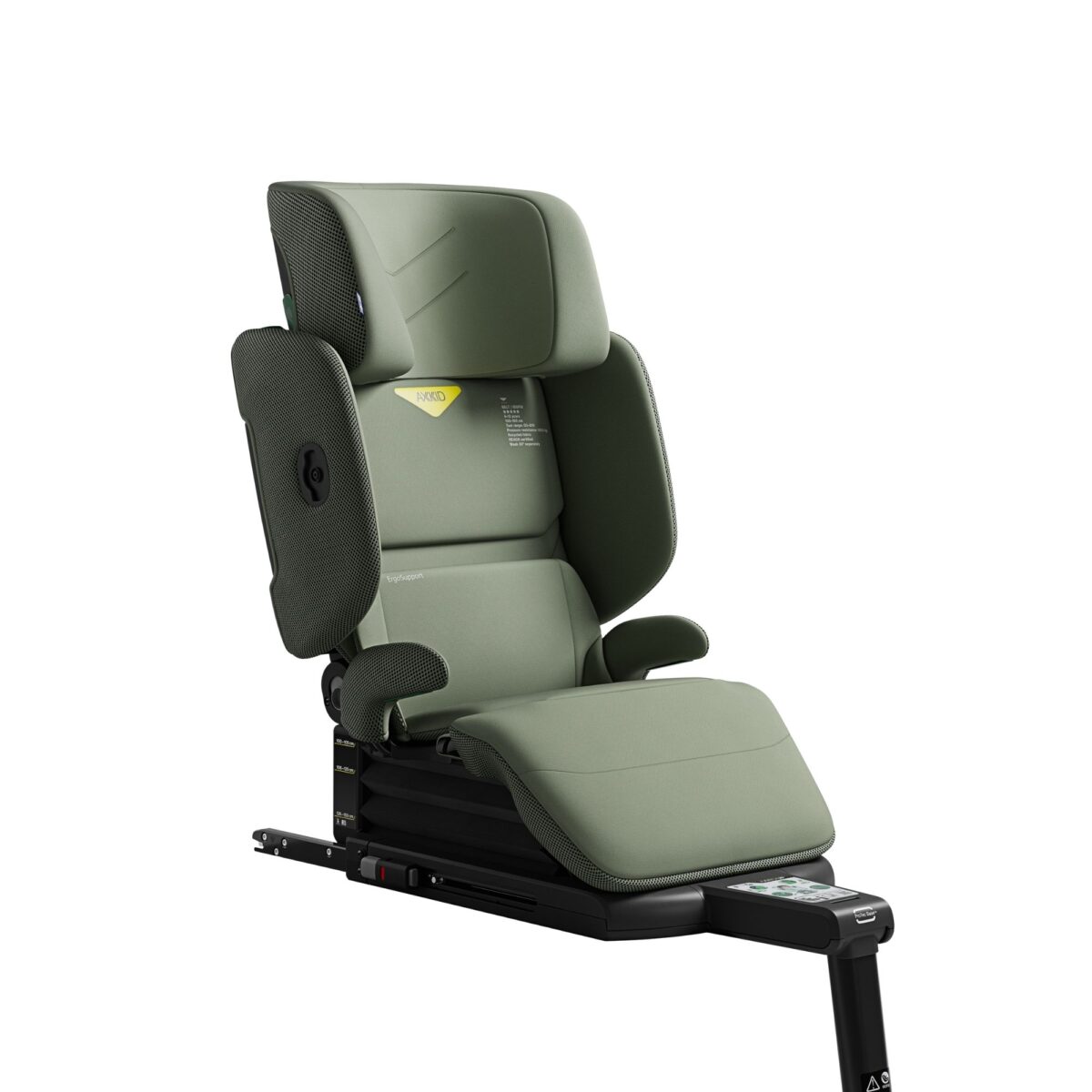 Angled view of Axkid Up booster seat in Nordic Bloom green with padded side wings.