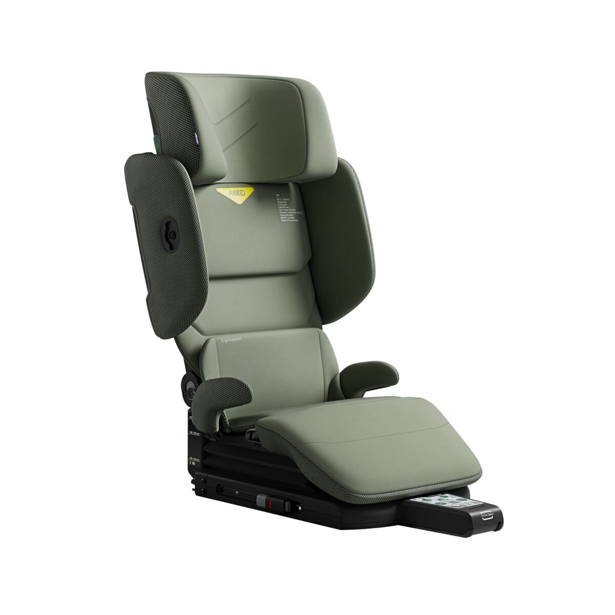 Axkid Up car seat reclined in green color, highlighting extended base and seat depth.