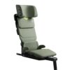 Axkid Up green booster car seat in upright position with reinforced head and side support.