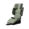 Close-up of Axkid Up high back booster seat in green showing premium padding and stitching.