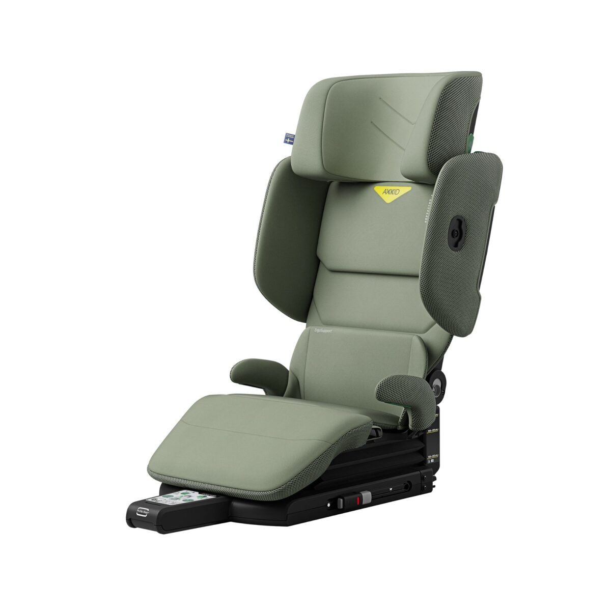 Close-up of Axkid Up high back booster seat in green showing premium padding and stitching.