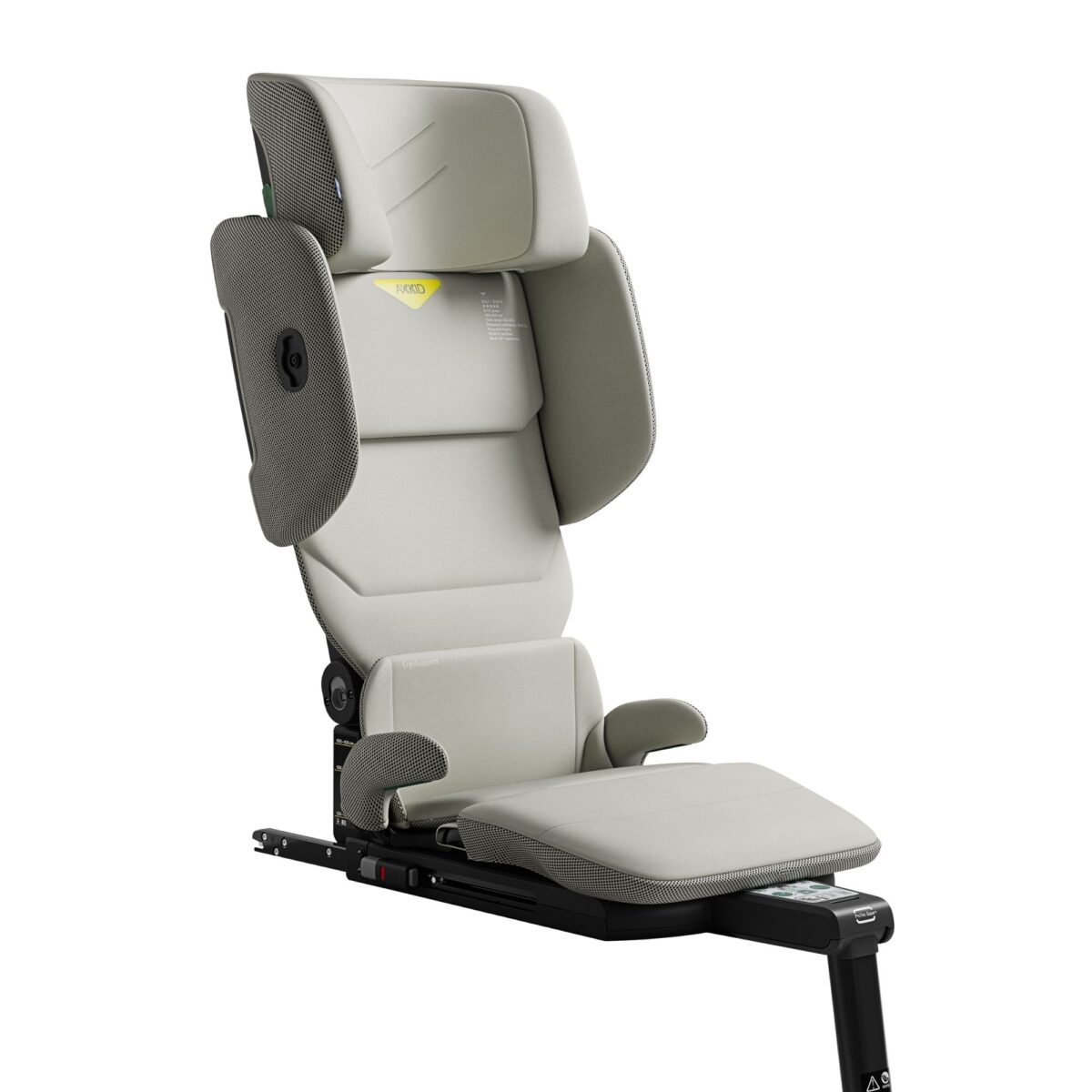 Axkid Up high back booster car seat in Beachgrass Beige with adjustable ergonomic headrest.