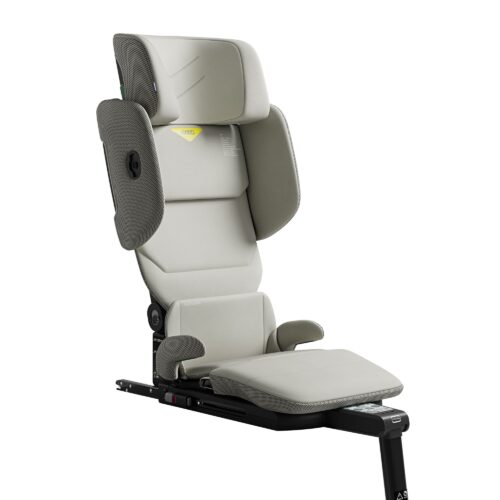 Axkid Up high back booster car seat in Beachgrass Beige with adjustable ergonomic headrest.