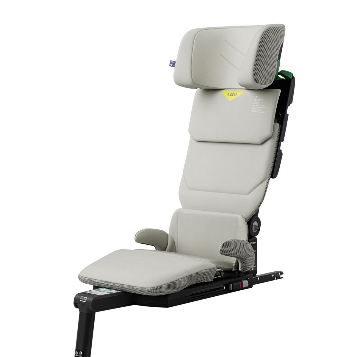 Axkid Up booster seat in Beachgrass Beige with armrests and reinforced safety side panels.
