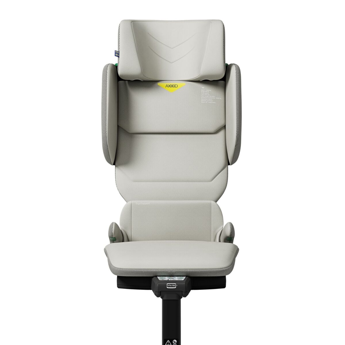 Front view of Axkid Up car seat in beige with ergonomic padding and height-adjustable headrest.