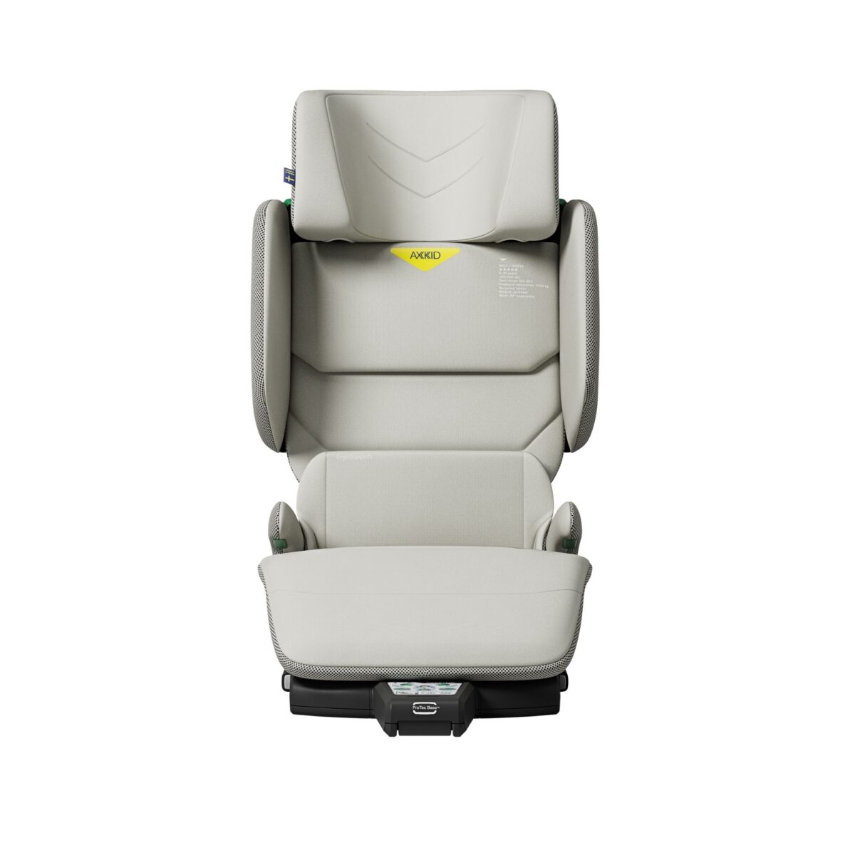 Front shot of Axkid Up booster car seat in beige with contoured cushioning and sleek design.