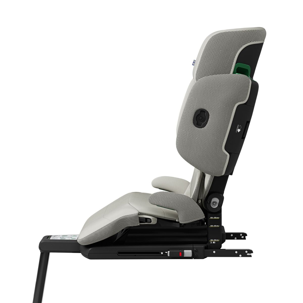 Side profile of Axkid Up beige booster showing mesh side panels and safety latch system.