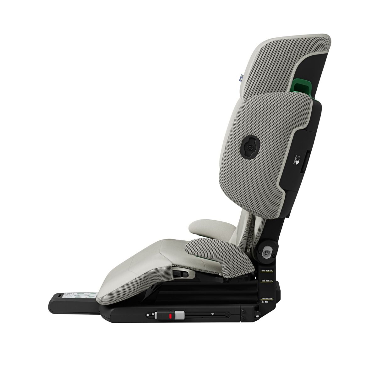 Reclined side view of Axkid Up booster in beige showing Isofix attachments and airflow mesh.